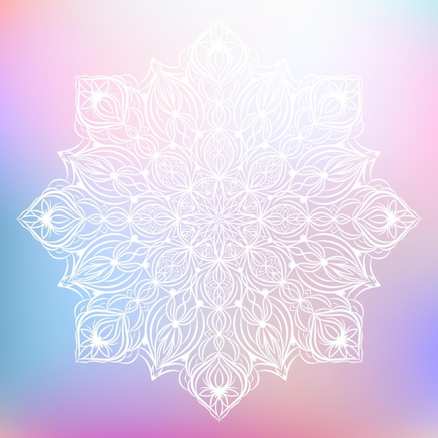 Vector mandala floral ornamental blanca dibujada a mano con patrones, flores rizadas, hojas, hermoso ornamento étnico vintage de colores, ilustración de contorno vectorial en un fondo de gradiente multicolor pastel