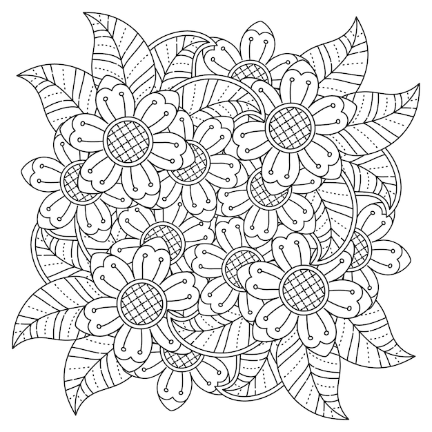 Mandala de flores dibujadas a mano página para colorear