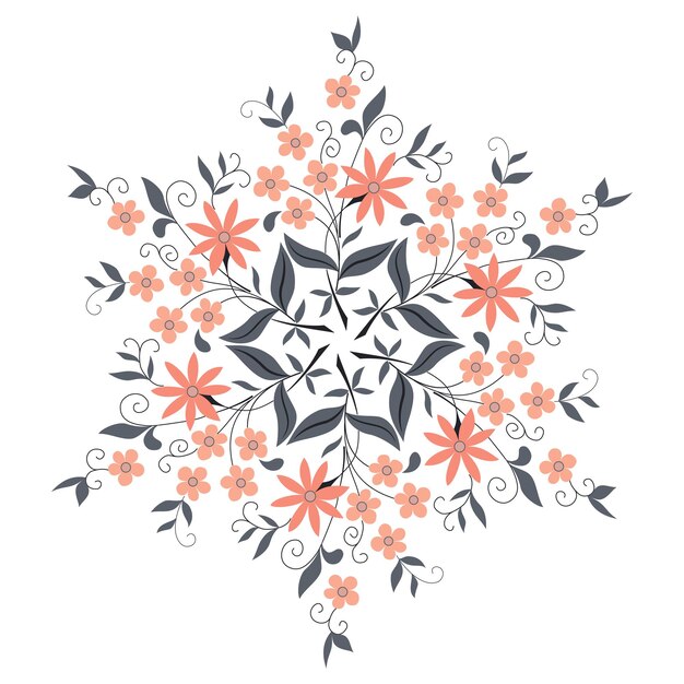 Mandala de flores en estilo popular Corona de flores Delicado ramo de primavera Ornamento de verano gris melocotón