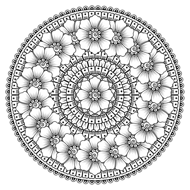 Mandala con flores mehndi. Adorno decorativo en estilo étnico. Página para colorear.