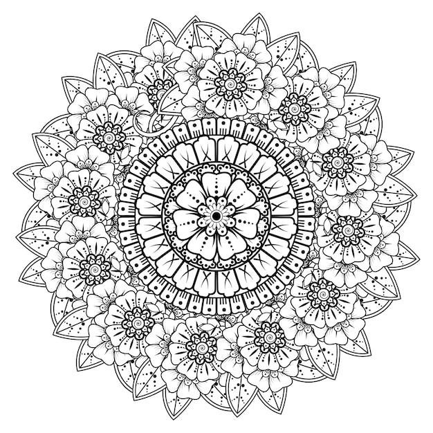Mandala con flores mehndi. Adorno decorativo en estilo étnico. Página para colorear.