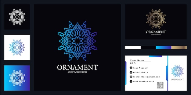 Mandala de flores o diseño de plantilla de logotipo de lujo de adorno con tarjeta de visita