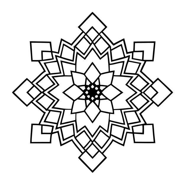 Mandala geométrica negra y blanca con un centro que es un pequeño cuadrado con una cruz en el interior