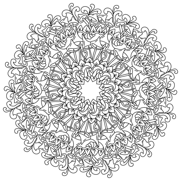 Mandala de hongos con flores de fantasía y rizos para colorear zen con elementos naturales