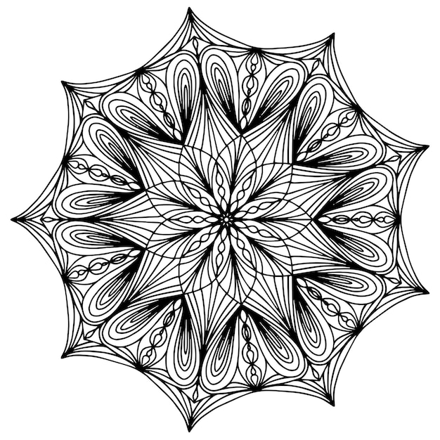 Mandala Ilustración de flor abstracta Adorno para tarjetas de decoración, etc. Líneas negras sobre un fondo blanco.