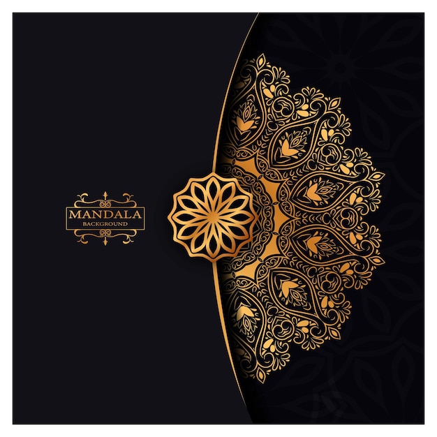 mandala de lujo dorado con fondo negro diseño elegante para invitación de aniversario henna