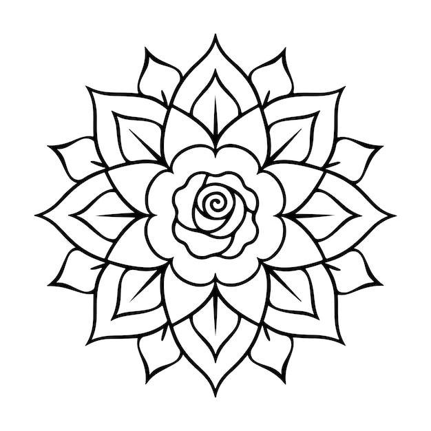 Mandala minimalista con rosa central y pétalos simétricos para colorear fácilmente página de libro henna