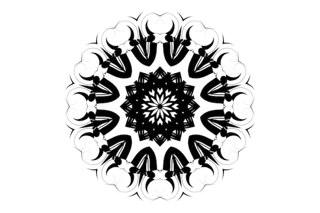Mandala negra y blanca con una estrella central rodeada de motivos solares