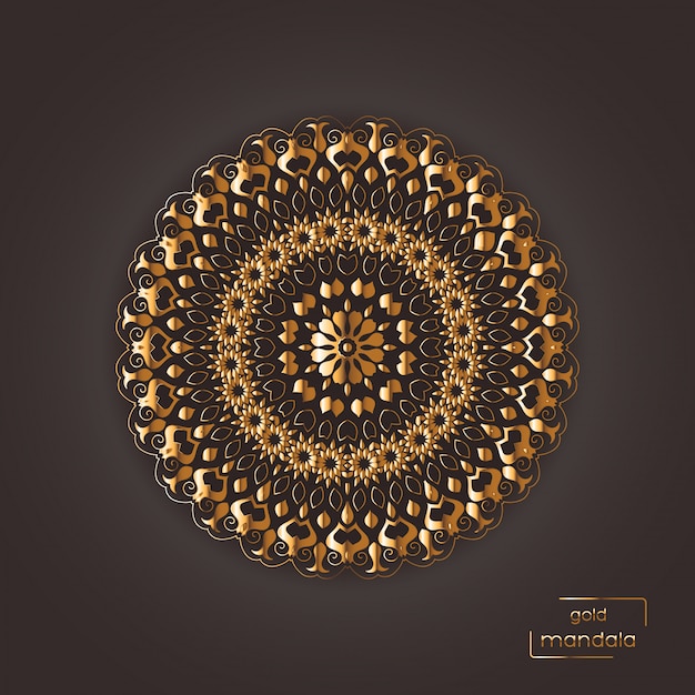 Mandala oriental ornamental de flores de oro sobre fondo de color marrón