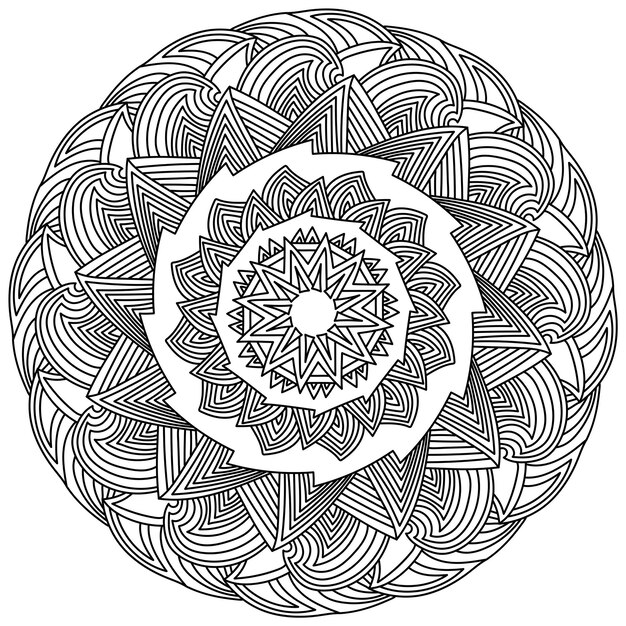 Mandala ornamentada de contorno con elementos triangulares y líneas simétricas para colorear página antiestrés