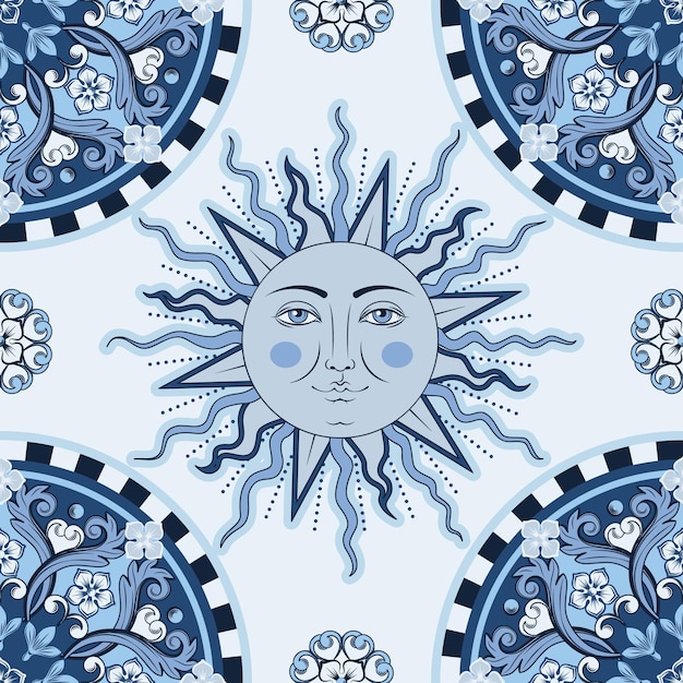 Vector mandala ornamental redonda étnica, sol con rostro humano en patrón a cuadros. estilo de moda.