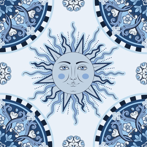 Mandala ornamental redonda étnica, sol con rostro humano en patrón a cuadros. Estilo de moda.