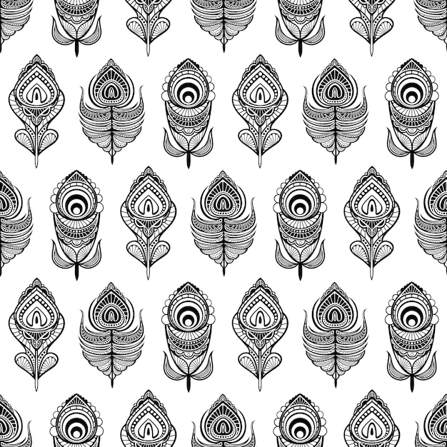 Vector mandala de plumas en blanco y negro de patrones sin fisuras para imprimir