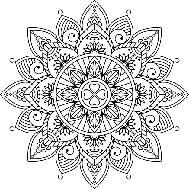 Mandala redonda e incolora. Página del libro para colorear.