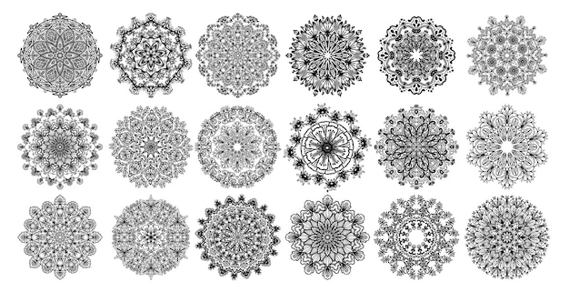 Mandala set espíritu ornamental ornamento de encaje redondo para el diseño de páginas para colorear patrón de círculo abstracto vectorial aislado sobre fondo blanco