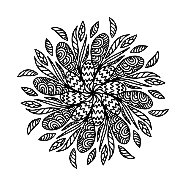 Mandala de vector floral con flores y hojas en estilo garabato aislado sobre fondo blanco Coloración divertida y linda ilustración para diseño de temporada decoración textil sala de juegos para niños o tarjeta de felicitación