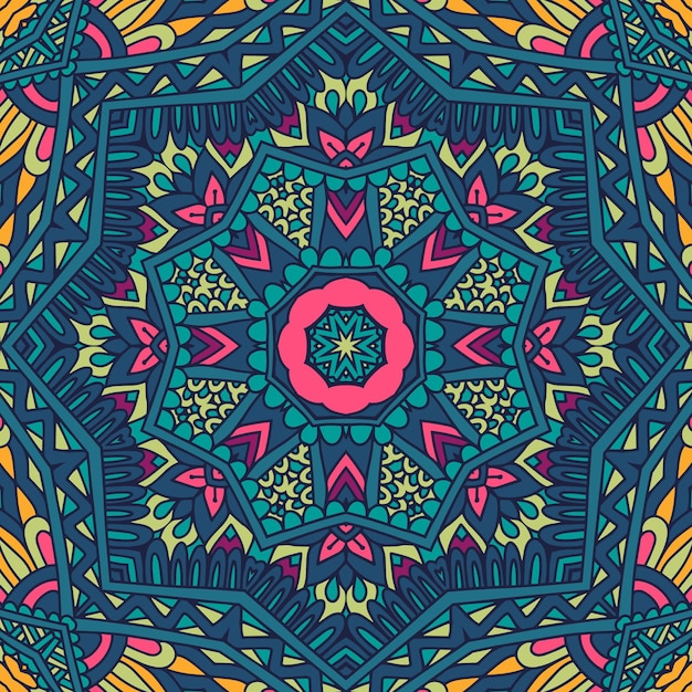 Mandala vector patrón sin costuras arte de mandala impresión de medallón de flores póster de carnaval psicodélico