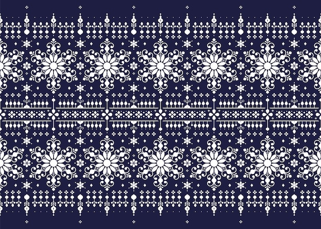 Mandalas blancas y florales en fondo azul oscuro tela étnica diseño de patrón sin costuras para tela