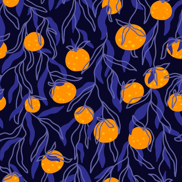 Mandarina ramas de patrones sin fisuras Frutas cítricas de verano Vector fondo dibujado a mano de moda