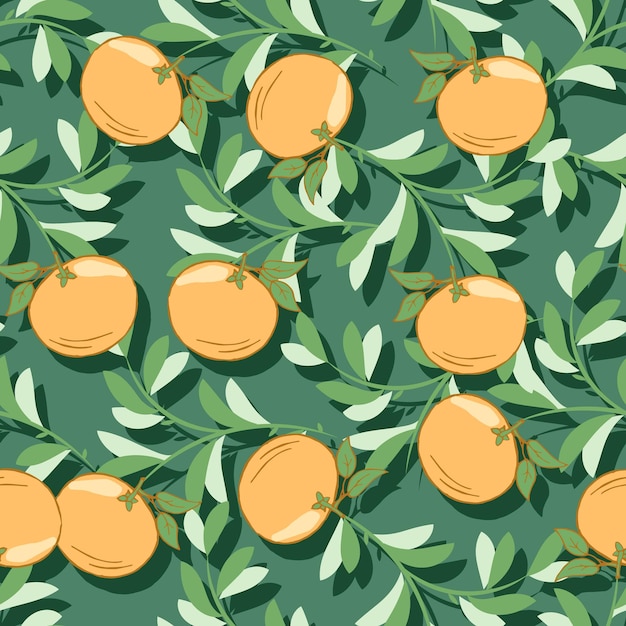 Mandarinas de patrones sin fisuras de Navidad con hojas sobre un fondo verde