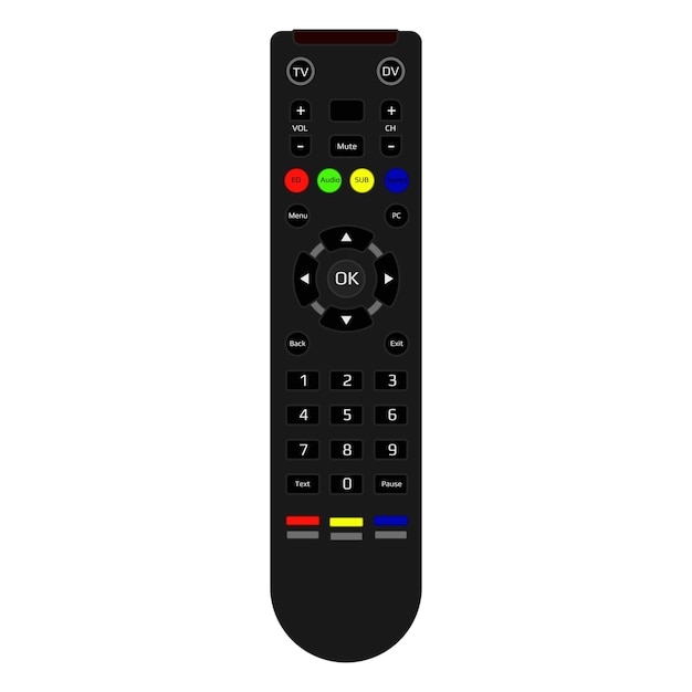 Mando a distancia de tv realista aislado en blanco Mando a distancia con señal infrarroja y botones multicolores Vista superior Vector EPS 10