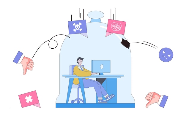 Manejo de comentarios negativos tratar con una revisión de desempeño deficiente administrar la presión y los conceptos de mala experiencia del cliente El empleado de negocios sigue trabajando dentro del vidrio para protegerse de los comentarios de odio