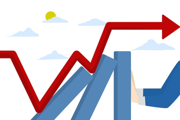 Manejo del riesgo de inversión con las manos empresario tratando de evitar que el gráfico de barras caiga