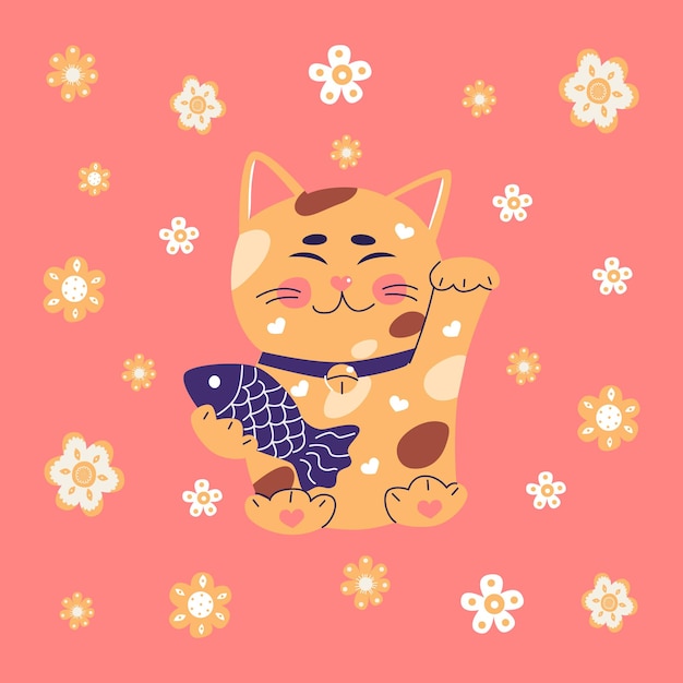 Maneki neko gato de la suerte japonés símbolo de la fortuna lindo gatito personaje oriental plano vector ilustración