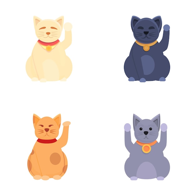 Vector maneki neko iconos conjunto de dibujos animados vector gato japonés maneki neko con la pata levantada