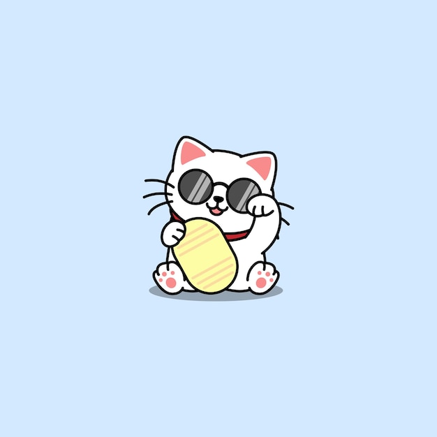 Maneki neko kawaii gato afortunado con gafas de sol ilustración vectorial de dibujos animados