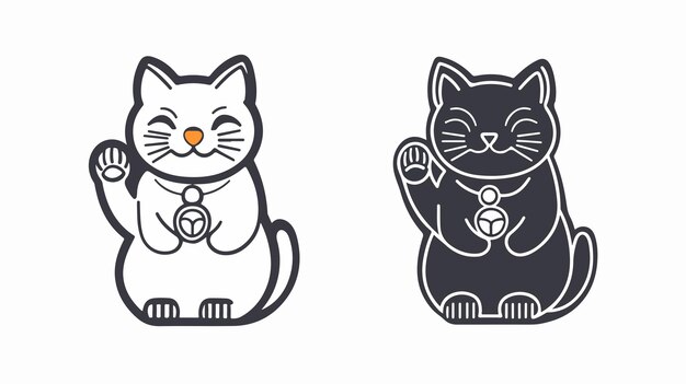 Maneki Neko Line y Glyph Icon Símbolo tradicional asiático del gato de la suerte en Japón