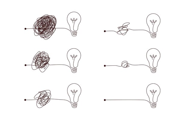 Una manera compleja a simple de crear ideas: símbolos de ovillo desordenados con bombilla.