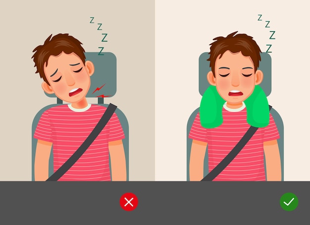 Manera incorrecta y correcta de dormir joven durante el viaje en coche o autobús con almohada en el cuello