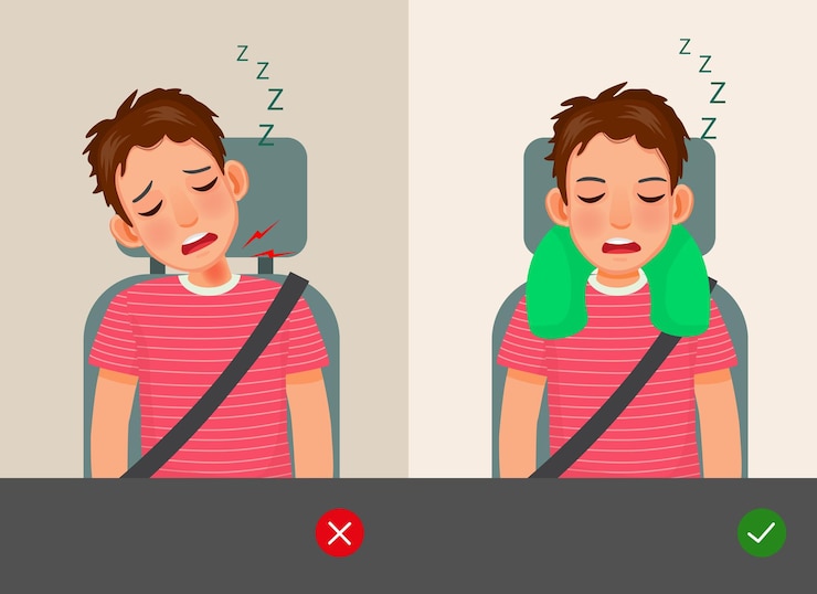 Vector manera incorrecta y correcta de dormir joven durante el viaje en coche o autobús con almohada en el cuello