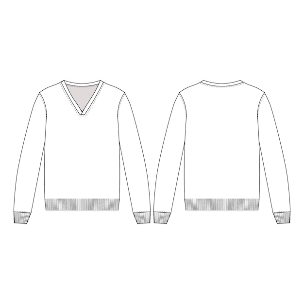 manga larga en v cuello con borde ribado manguito ajuste suéter básico sudadera cuerpo superior plantilla dibujo técnico