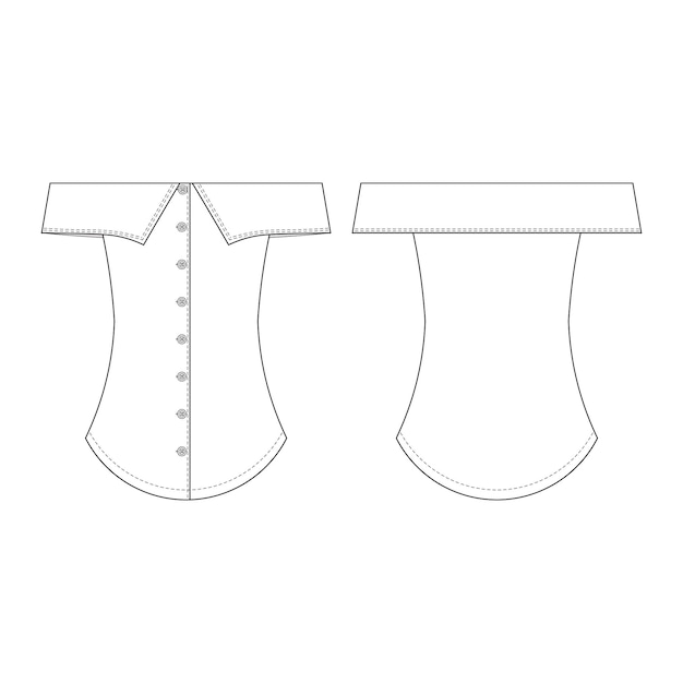 sin mangas fuera del hombro cuello abotonado ajuste camisa larga blusa superior plantilla dibujo técnico plano