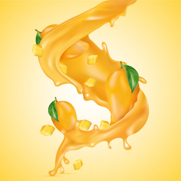 Mango 3D realista sumergirse en splash de jugo