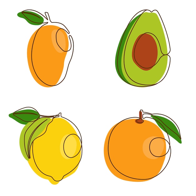 Mango aguacate limón naranja fruta comida saludable en el estilo de arte de la línea