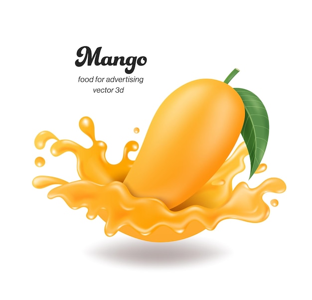 El mango cae en el impacto con el jugo de mango causando una gran salpicadura de vector de agua 3d aislado en fondo blanco para hacer el concepto de anuncios de jugo de fruta