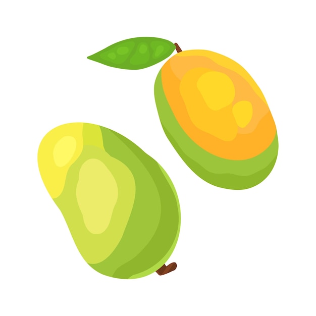 Mango entero maduro de dibujos animados con sombras y comida exótica medio dulce en un corte para alimentos saludables en un fondo aislado