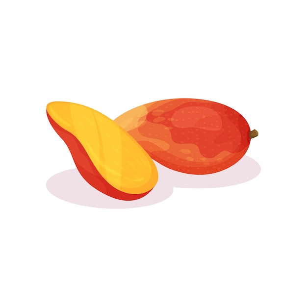 Mango entero y mitad jugoso Fruta exótica fresca Alimentos orgánicos Nutrición vegetariana natural Alimentación saludable Diseño para envases de jugo o yogur Vector plano detallado aislado sobre fondo blanco