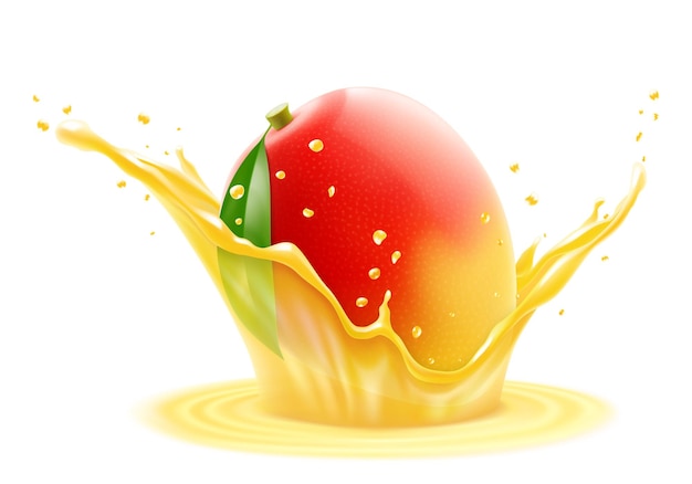 El mango exótico fresco y maduro cae en una salpicadura de jugo aislado sobre un fondo blanco realista