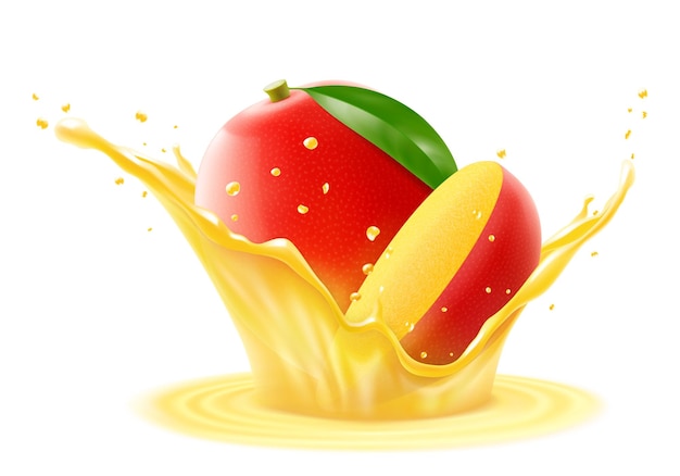El mango exótico fresco y maduro cae en una salpicadura de jugo aislado sobre un fondo blanco Vecto 3D realista