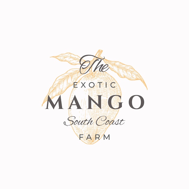 Mango farms abstract vector sign symbol o logo template mango dibujado a mano con boceto de hojas con tipografía retro emblema de lujo vintage