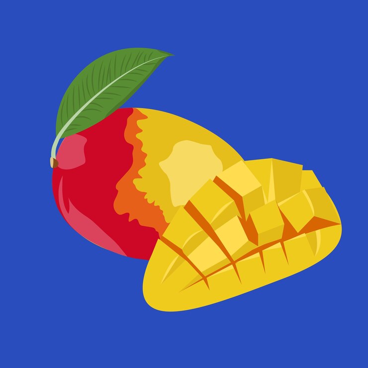 Vector mango jugoso y mango cortado a la mitad ilustración vectorial aislada