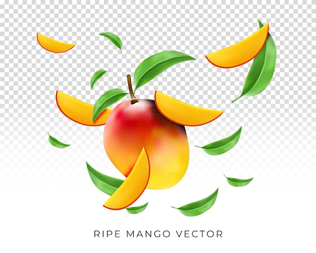 mango maduro con rodajas y hojas volando