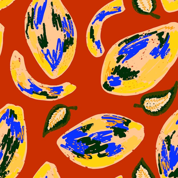 Mango de textura Patrón exótico tropical Estilo de dibujos animados Elementos dibujados a mano Patrón de superposición sin costuras vectorial