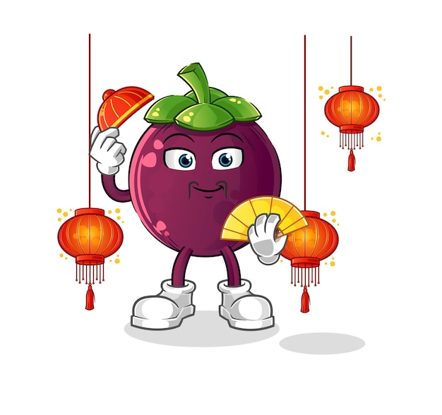 Mangostán chino con vector de caracteres de ilustración de linternas