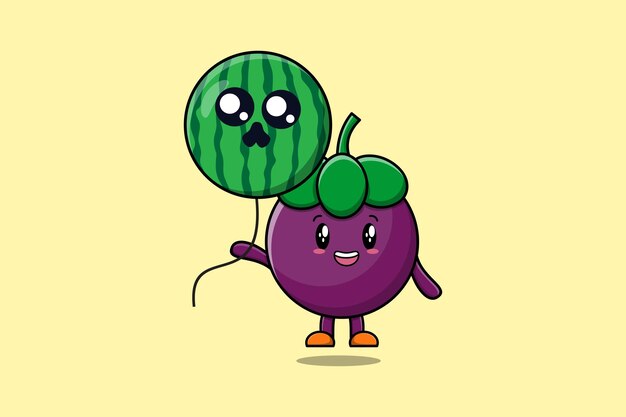 Vector mangostán de dibujos animados lindo flotando con globo de sandía en ilustración de icono de vector de dibujos animados plana