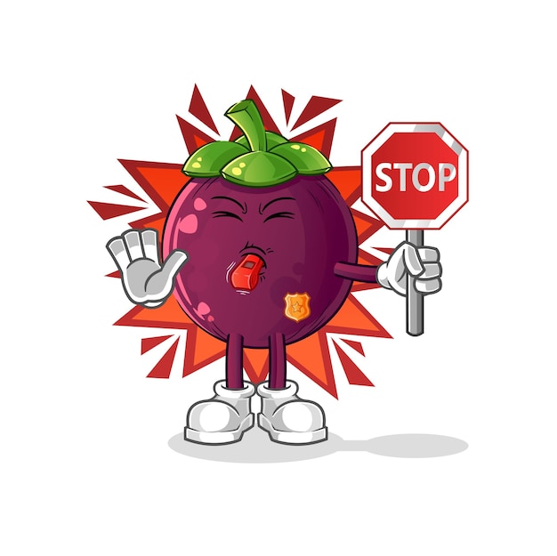 Mangostán con vector de mascota de dibujos animados de señal de stop